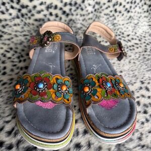 Spring Step L'Artiste Floral Leather Platform Sandals Boho US 9.5-10 Size EU 41